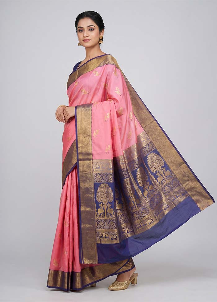 Pink Kanjivaram Silk Saree With Blouse Piece