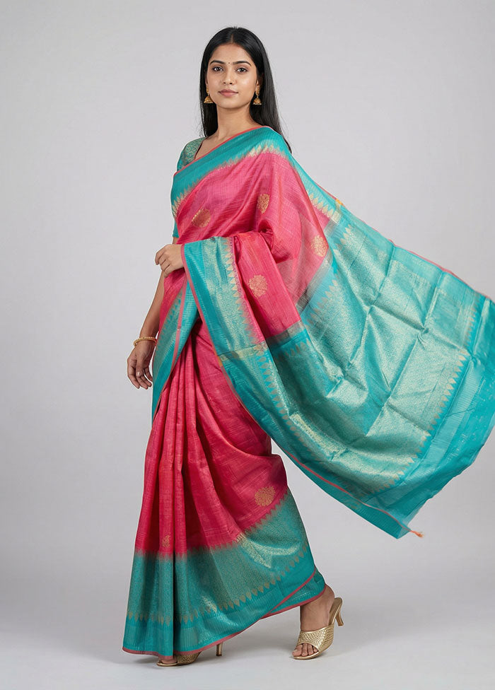 Pink Handloom Kanchipuram Pure Silk Saree With Blouse Piece