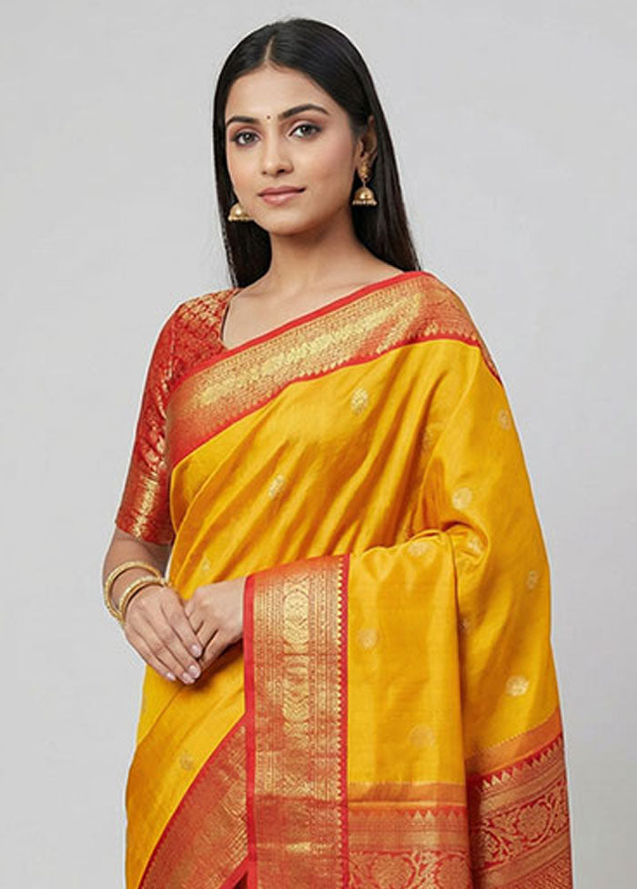 Yellow Handloom Kanchipuram Pure Silk Saree With Blouse Piece