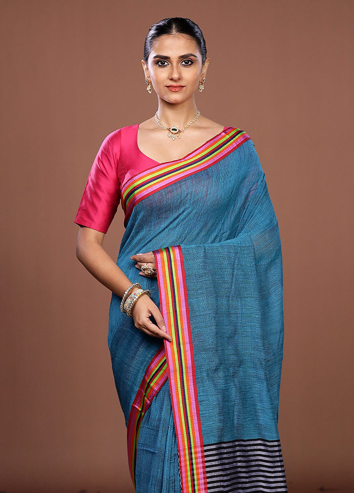 Blue Matka Silk Saree With Blouse Piece