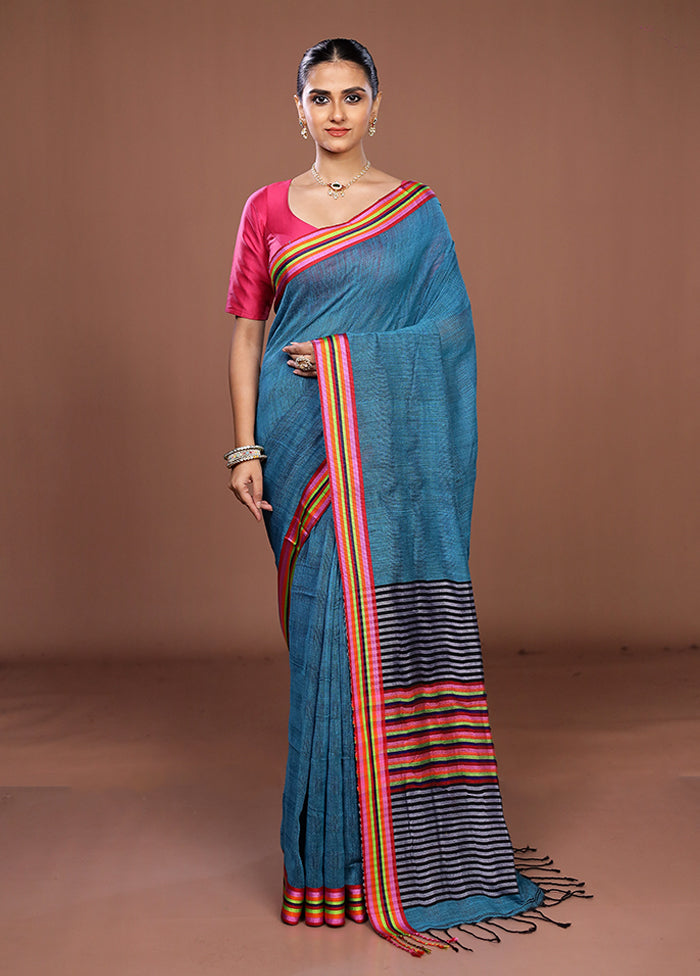 Blue Matka Silk Saree With Blouse Piece