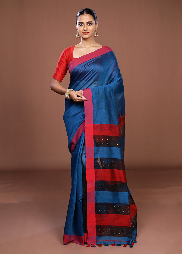 Blue Matka Silk Saree With Blouse Piece