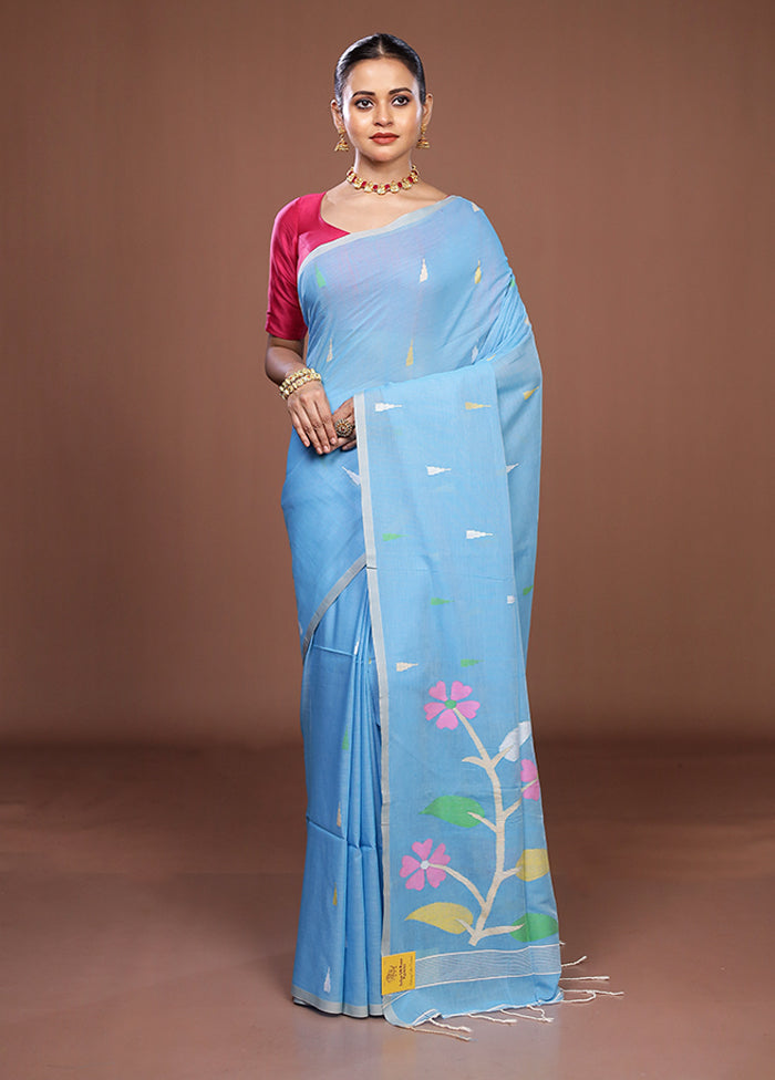 Blue Matka Silk Saree With Blouse Piece