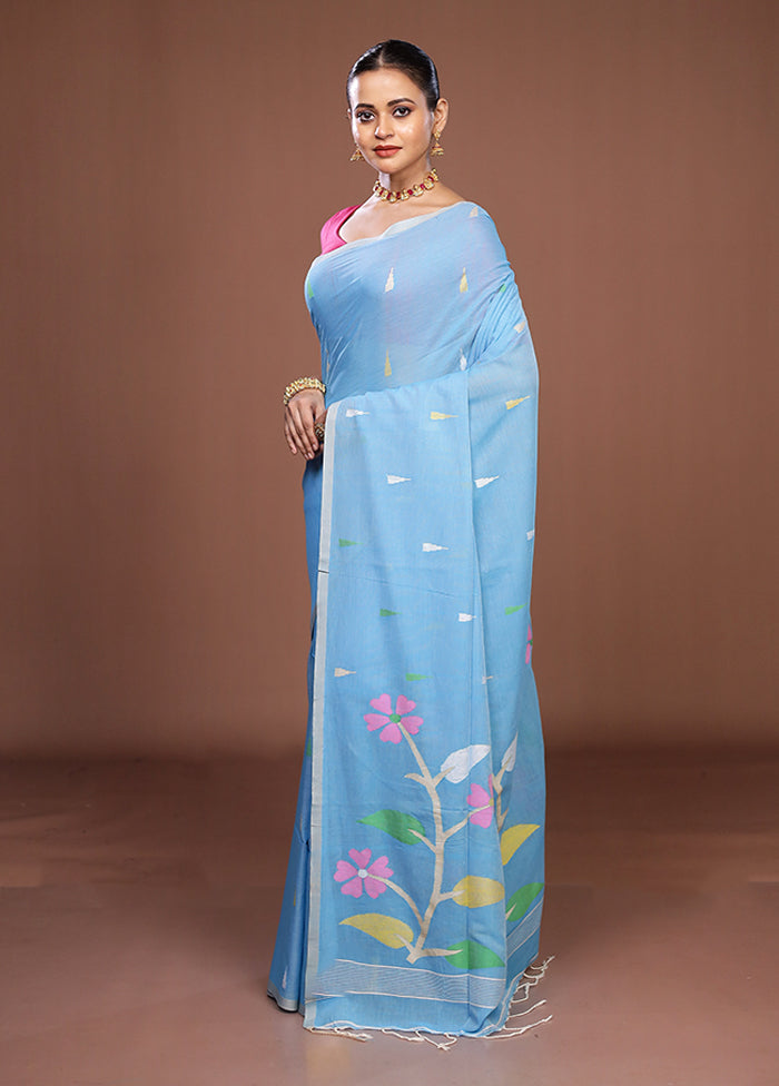 Blue Matka Silk Saree With Blouse Piece