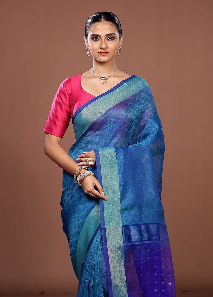 Blue Handloom Matka Pure Silk Saree With Blouse Piece