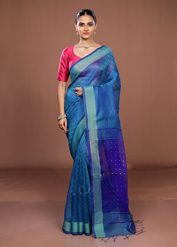 Blue Handloom Matka Pure Silk Saree With Blouse Piece