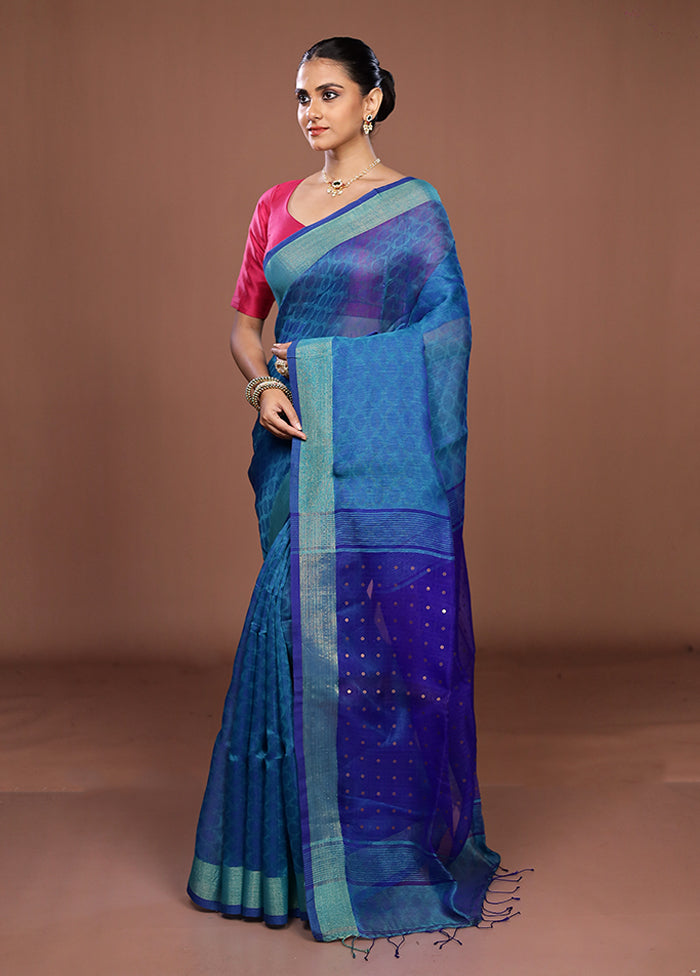 Blue Handloom Matka Pure Silk Saree With Blouse Piece
