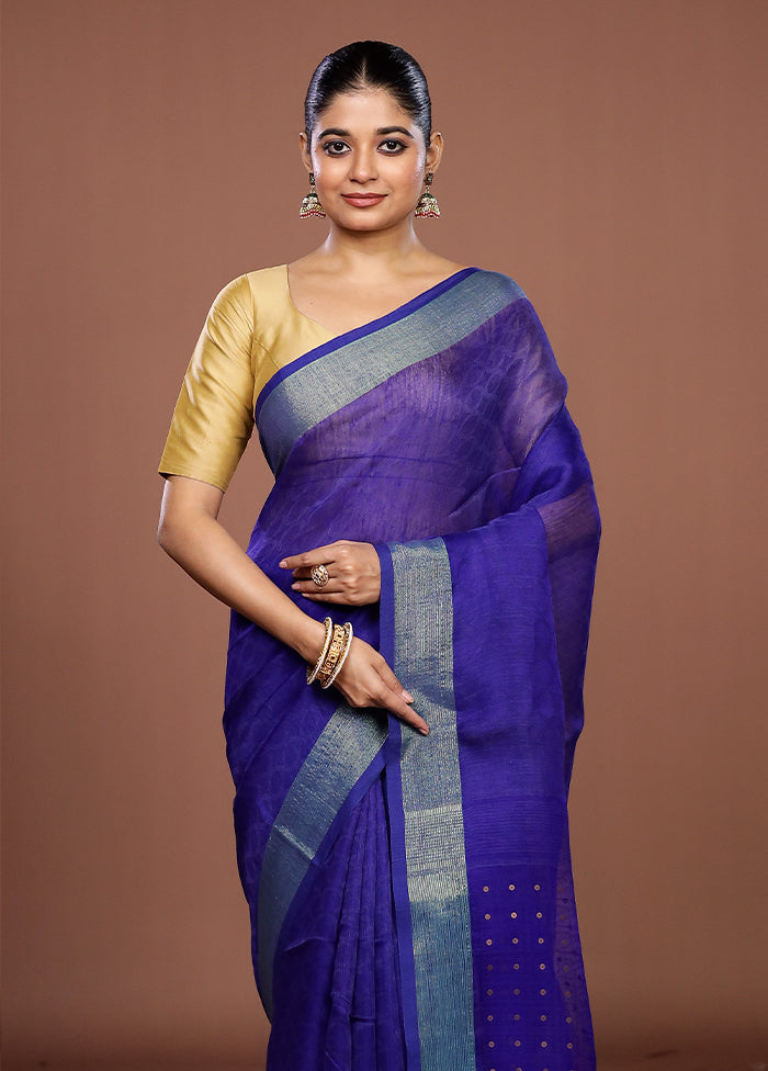 Blue Handloom Matka Pure Silk Saree With Blouse Piece
