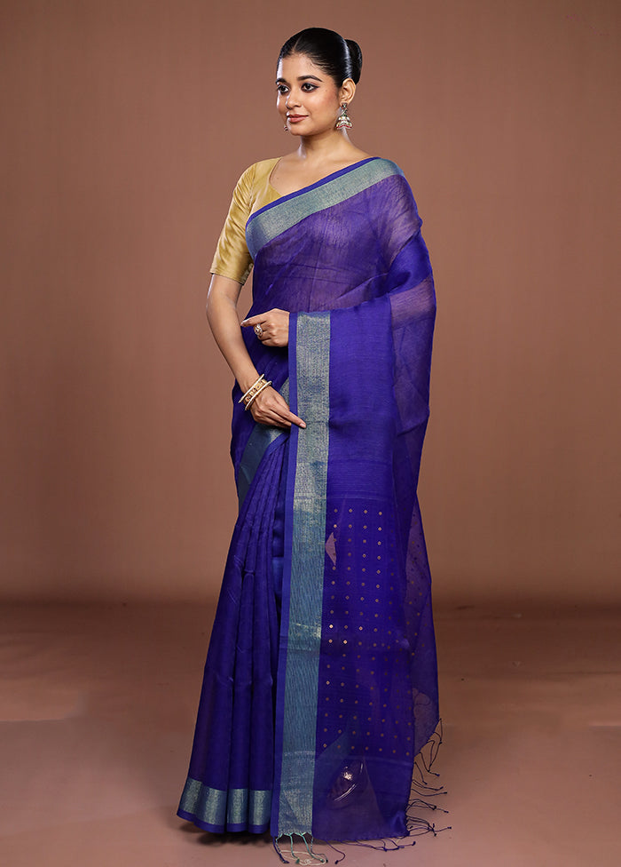 Blue Handloom Matka Pure Silk Saree With Blouse Piece