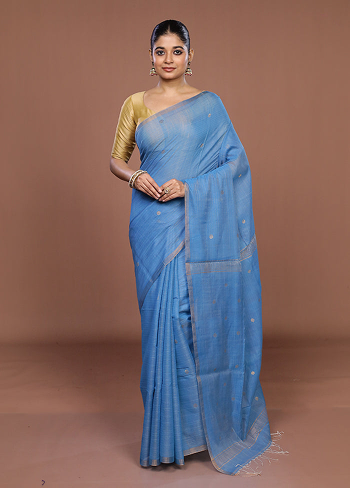 Blue Matka Silk Saree With Blouse Piece