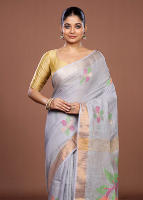Grey Linen Silk Saree With Blouse Piece