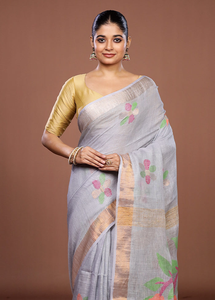 Grey Linen Silk Saree With Blouse Piece