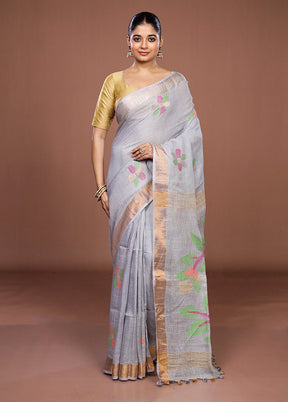 Grey Linen Silk Saree With Blouse Piece
