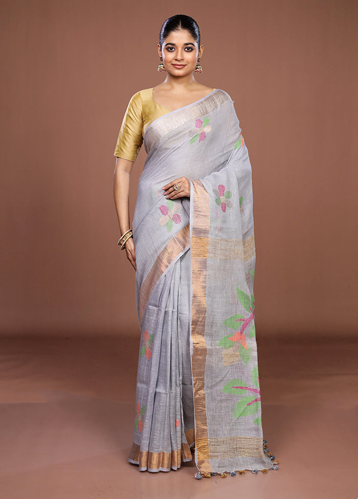 Grey Linen Silk Saree With Blouse Piece