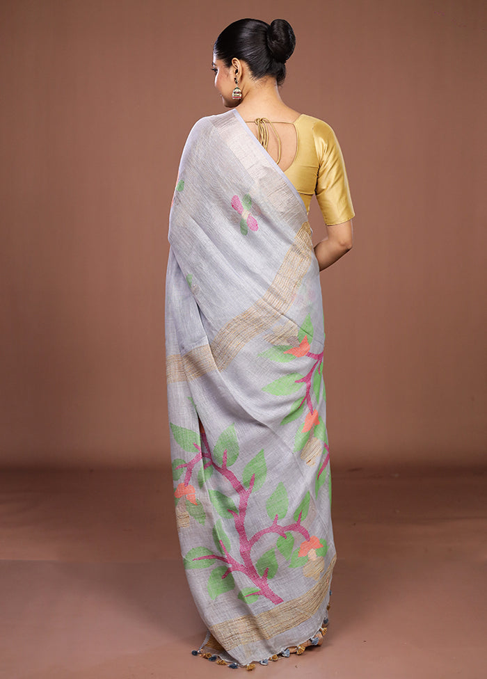 Grey Linen Silk Saree With Blouse Piece