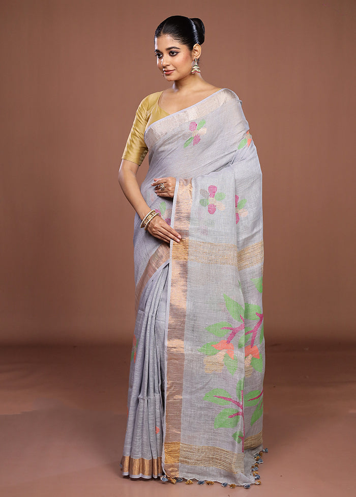 Grey Linen Silk Saree With Blouse Piece