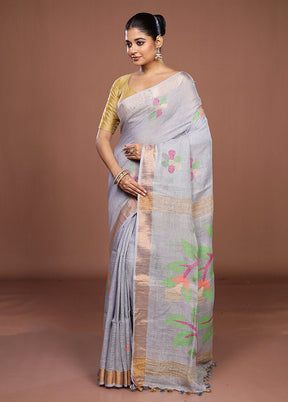 Grey Linen Silk Saree With Blouse Piece