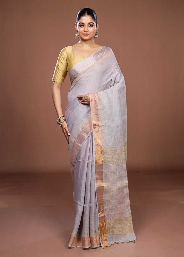 Grey Linen Silk Saree With Blouse Piece