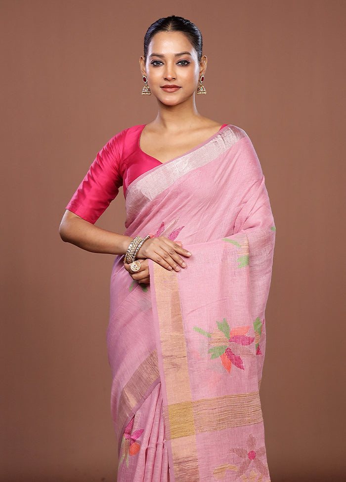 Pink Linen Silk Saree With Blouse Piece