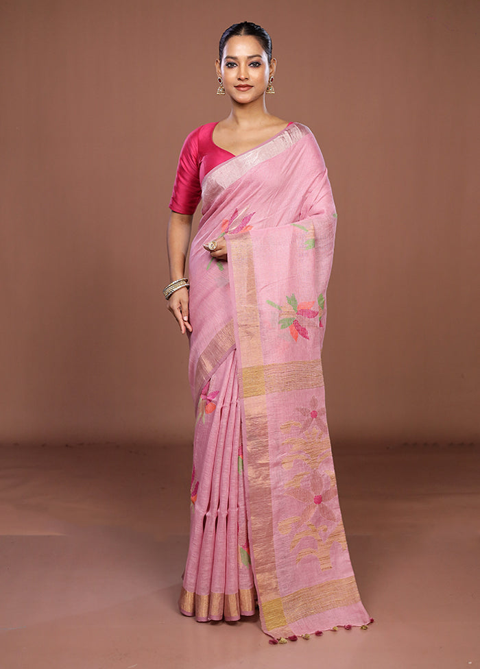 Pink Linen Silk Saree With Blouse Piece