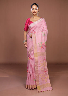 Pink Linen Silk Saree With Blouse Piece