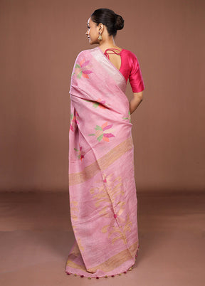 Pink Linen Silk Saree With Blouse Piece