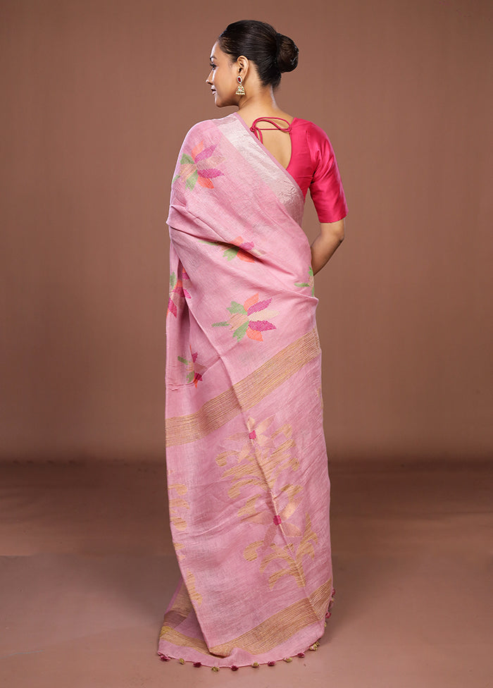 Pink Linen Silk Saree With Blouse Piece