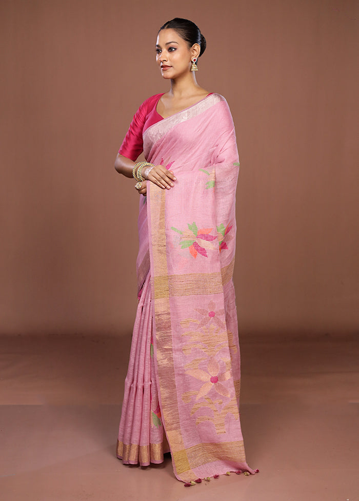 Pink Linen Silk Saree With Blouse Piece