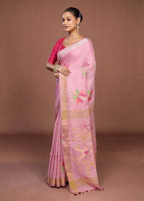 Pink Linen Silk Saree With Blouse Piece