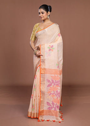 Pink Linen Silk Saree With Blouse Piece