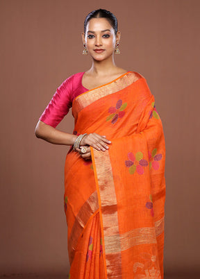 Rust Linen Silk Saree With Blouse Piece