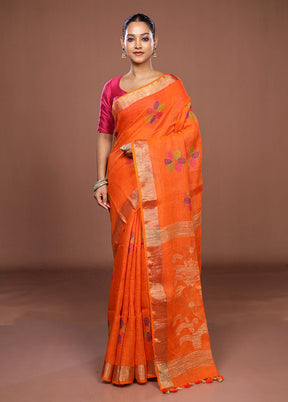 Rust Linen Silk Saree With Blouse Piece