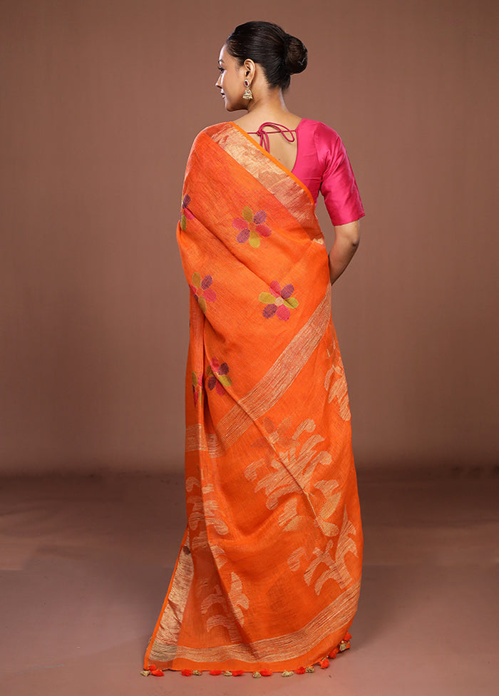 Rust Linen Silk Saree With Blouse Piece