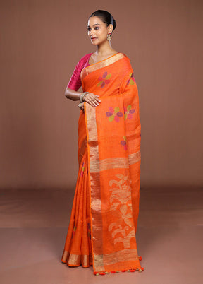 Rust Linen Silk Saree With Blouse Piece