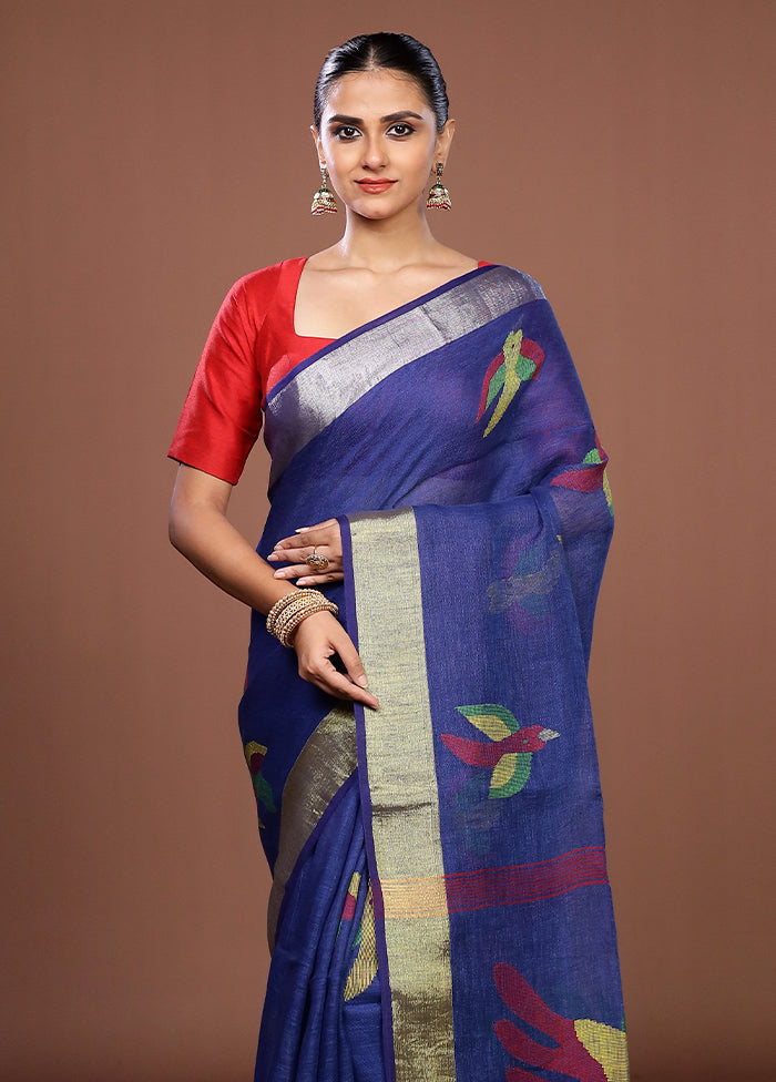 Blue Linen Silk Saree With Blouse Piece