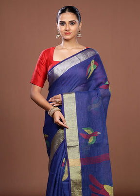 Blue Linen Silk Saree With Blouse Piece