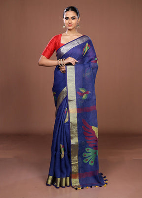 Blue Linen Silk Saree With Blouse Piece