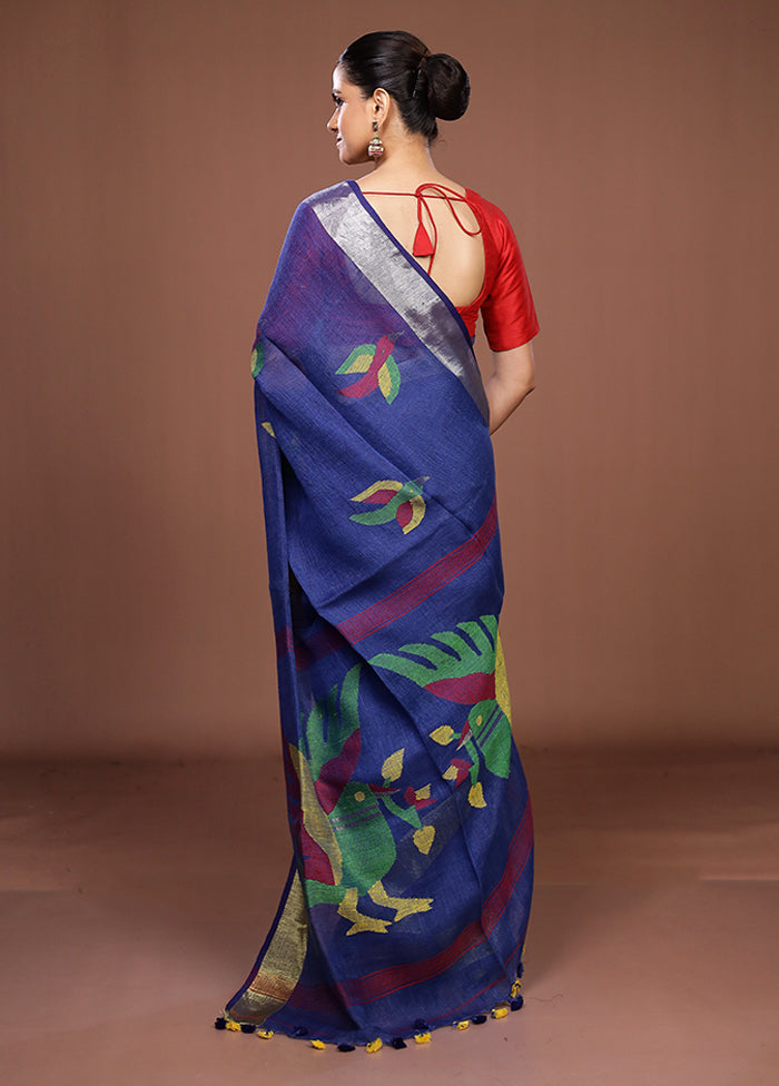Blue Linen Silk Saree With Blouse Piece