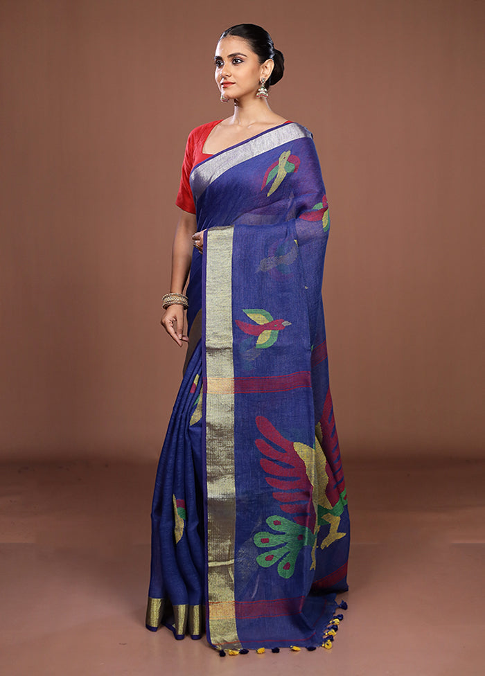 Blue Linen Silk Saree With Blouse Piece