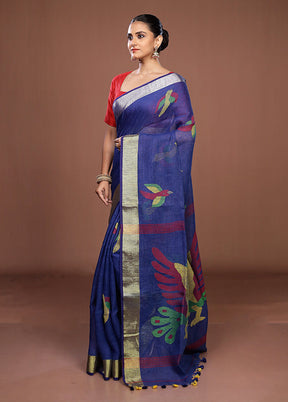 Blue Linen Silk Saree With Blouse Piece