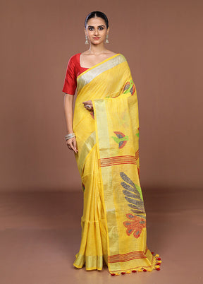 Yellow Linen Silk Saree With Blouse Piece