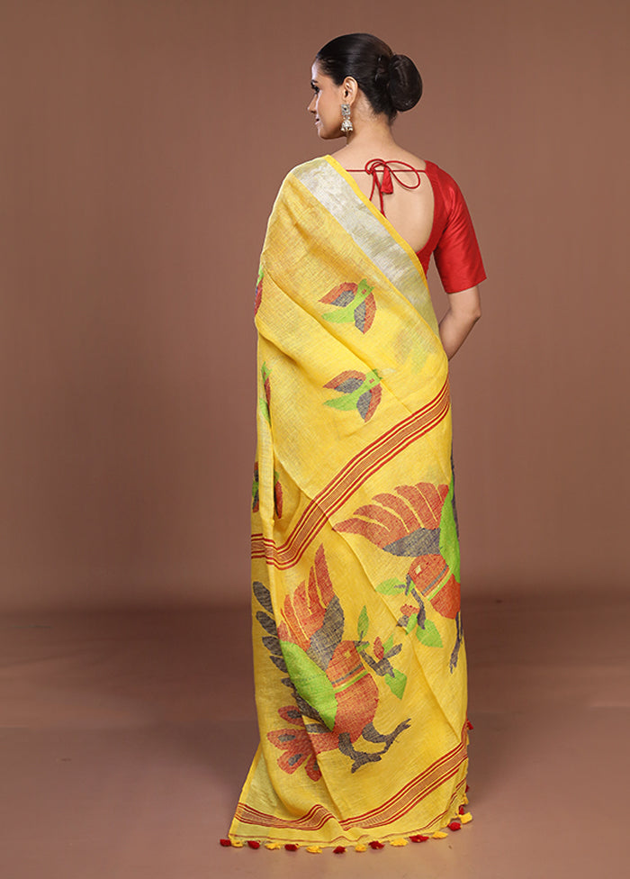 Yellow Linen Silk Saree With Blouse Piece