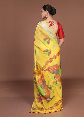 Yellow Linen Silk Saree With Blouse Piece