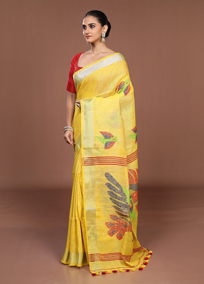 Yellow Linen Silk Saree With Blouse Piece
