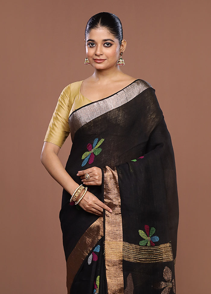 Black Linen Silk Saree With Blouse Piece