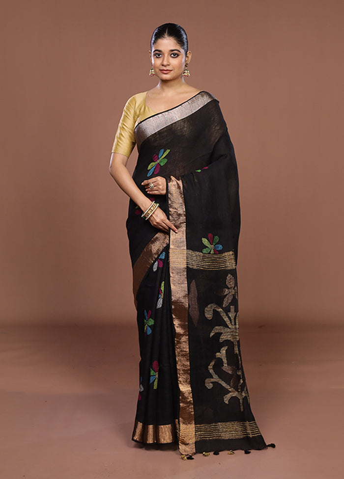 Black Linen Silk Saree With Blouse Piece