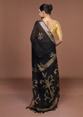 Black Linen Silk Saree With Blouse Piece
