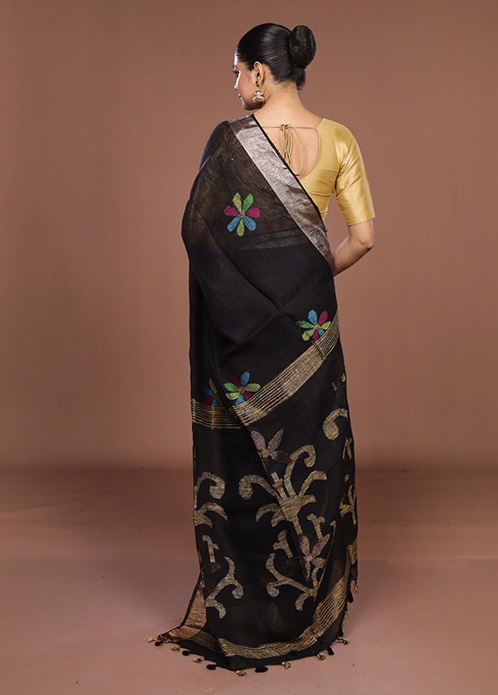 Black Linen Silk Saree With Blouse Piece
