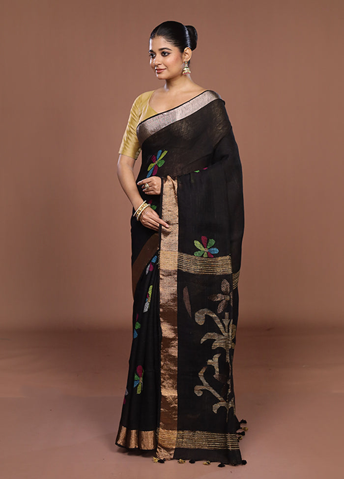 Black Linen Silk Saree With Blouse Piece