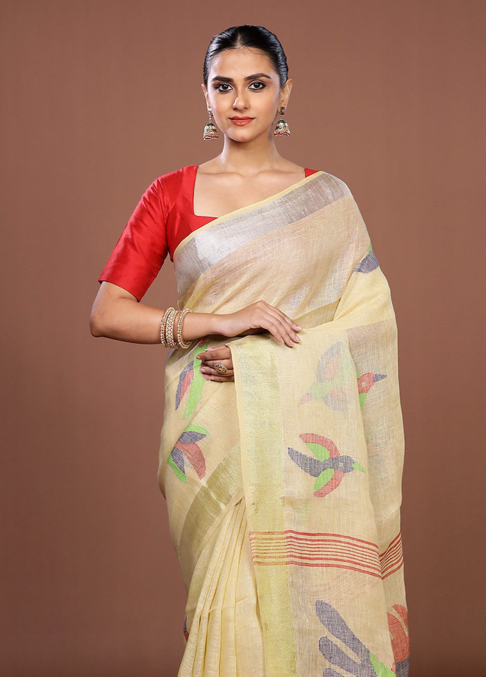 Yellow Linen Silk Saree With Blouse Piece